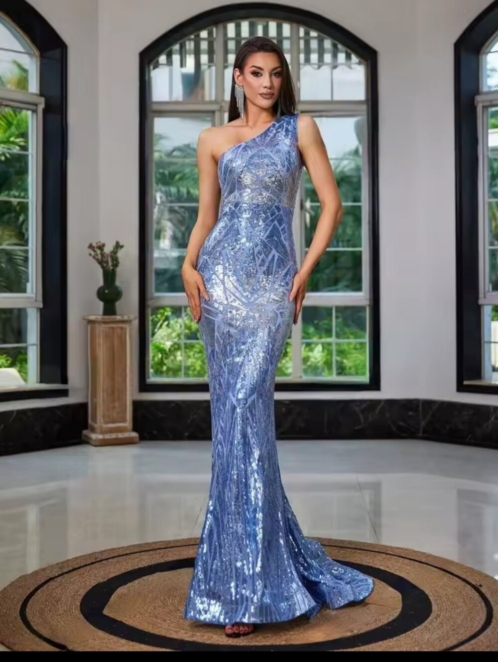 One-Shoulder Sequin Evening Gown in Light Blue - Picture 6 of 16
